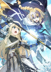 2girls absurdres armored_gloves axe blonde_hair blue_dress blue_eyes boots breasts cape clash commentary_request commission crossover dress fate/apocrypha fate_(series) goblin_slayer! grey_boots hat hide_(hideout) highres holding holding_axe holding_sword holding_weapon jeanne_d&#039;arc_(fate) jeanne_d&#039;arc_(ruler)_(fate) long_braid long_hair medium_breasts multiple_girls open_mouth priestess_(goblin_slayer!) robe skeb_commission sword weapon white_hat white_robe