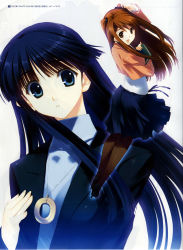 10s 2girls absurdres black_hair blue_eyes book brown_eyes brown_hair hair_ribbon high_heels highres jewelry looking_at_viewer looking_back multiple_girls nakamura_takeshi non-web_source ogiso_setsuna open_mouth panties pantyshot ribbon smile touma_kazusa underwear white_album_(series) white_album_2