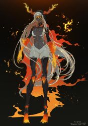 1girl black_sclera black_skin burning closed_mouth colored_sclera colored_skin commission fire fur highres horizontal_pupils horns horns_through_headwear long_hair looking_at_viewer monster_girl orange_eyes original ruteko_(ruko220) skeb_commission smile solo stitches very_long_hair white_hair