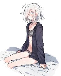 Rule 34 | 1girl, ahoge, androgynous, azuma shino, black jacket, black panties, blue eyes, blush, collarbone, flat chest, heterochromia, jacket, nail polish, nowareno (azuma shino), original, panties, pointy ears, solo, underwear, wavy mouth, white background, white hair