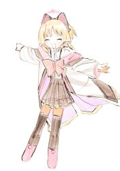 1girl animal_ear_headphones animal_ears ankle_boots black_skirt black_thighhighs blonde_hair blue_archive blue_necktie boots bow bowtie cat_ear_headphones closed_eyes collared_shirt facing_viewer fake_animal_ears full_body hair_bow halo happy headphones jacket low_twintails momoi_(blue_archive) necktie off_shoulder open_mouth pink_boots pink_halo pleated_skirt red_bow red_bowtie school_uniform shinbashi_seiji shirt short_hair simple_background sketch skirt solo thighhighs twintails white_jacket white_shirt