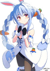 1girl animal_ears bare_shoulders black_gloves black_leotard blue_hair blush bow braid brown_pantyhose carrot_hair_ornament closed_mouth commentary_request dated don-chan_(usada_pekora) dress fake_animal_ears food-themed_hair_ornament fur-trimmed_dress fur-trimmed_gloves fur_trim gloves hair_between_eyes hair_bow hair_ornament head_tilt highres hololive kaie leotard looking_at_viewer multicolored_hair pantyhose rabbit_ears rabbit_tail red_eyes signature simple_background smile solo strapless strapless_dress strapless_leotard twin_braids twintails two-tone_hair usada_pekora usada_pekora_(1st_costume) virtual_youtuber white_background white_bow white_dress white_hair