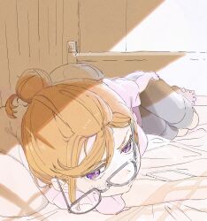 1girl absurdres black-framed_eyewear black_shorts closed_mouth colored_eyelashes commentary glaring glasses hair_between_eyes hair_bun highres indoors jitome looking_at_viewer love_live! love_live!_superstar!! lying on_bed on_side pink_shirt saitou_atsushi_(kamatamanankotu) shibuya_kanon shirt short_hair short_sleeves shorts single_hair_bun solo