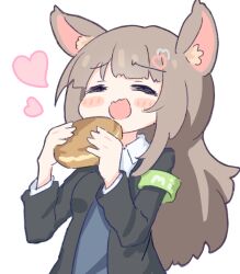 1girl ai-chan_(misskey.io) animal_ear_fluff animal_ears armband black_jacket blazer blush_stickers bread breasts brown_hair cat_ears cat_girl closed_eyes collared_shirt commentary_request cosplay fluff food green_armband hair_ornament heart heart_hair_ornament holding holding_food jacket layered_sleeves long_hair long_sleeves medium_breasts misskey.io open_clothes open_jacket open_mouth shirt simple_background solo syuilo_(misskey.io) syuilo_(misskey.io)_(cosplay) umihio upper_body white_background white_shirt