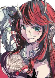 1girl bikini black_bikini black_hair blue_eyes blush breasts closed_mouth commentary_request demon_girl demon_horns earrings fishnet_top fishnets glasses grey_horns highres horns jewelry large_breasts long_hair looking_at_viewer multicolored_hair nanashi_inc. pointy_ears red_hair round_eyewear ryugasaki_rene ryugasaki_rene_(2nd_costume) simple_background smile solo streaked_hair swimsuit tsukiyomi_honoka tusks two-tone_hair upper_body virtual_youtuber white_background
