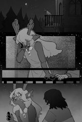 1girl 1other animal_ears antlers buck_teeth crowberri crying crying_with_eyes_open deer_antlers deer_ears deer_girl deltarune dress frown furry furry_female highres horns kris_(deltarune) long_hair long_sleeves noelle_holiday reindeer_girl tears teeth