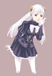 bad_id bad_pixiv_id bun_cover capcom capcom_fighting_jam double_bun dress gloves hair_bun hairpods highres ingrid_(capcom) long_hair nyaou pantyhose red_eyes skirt solo white_hair white_pantyhose