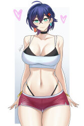1girl ahoge aqua_eyes azuran0 bare_arms bare_shoulders belle_(zenless_zone_zero) black_bra black_choker blue_hair bra choker cowboy_shot groin hair_ornament hairclip heart highleg highleg_panties highres looking_at_viewer midriff navel panties red_shorts short_hair short_shorts shorts smile solo standing stomach strapless thighs tube_top underwear zenless_zone_zero