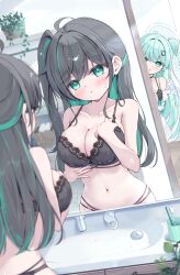 Rule 34 | 2girls, ahoge, bare shoulders, black bra, black hair, black panties, blush, bra, breasts, cleavage, clover hair ornament, collarbone, colored inner hair, commentary request, green eyes, green hair, hair bun, hair ornament, halo, halo ornament, hand on own chest, highres, lace, lace-trimmed bra, lace trim, large breasts, long hair, looking at another, looking at mirror, mikaze oto, mirror, multicolored hair, multiple girls, navel, one side up, open mouth, original, panties, peeking out, single side bun, small sweatdrop, stomach, streaked hair, toothbrush, twitter username, underwear, underwear only