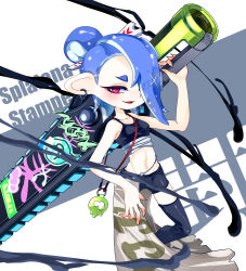 1girl bike_shorts black_shorts black_thighhighs blue_hair commentary hair_over_one_eye highres holding holding_sword holding_weapon kiss_my_eyelidz long_hair looking_at_viewer nintendo octoling official_alternate_costume open_mouth red_eyes shiver_(splatoon) shiver_(splatoon_raiders) short_eyebrows shorts smile solo splatana_stamper_(splatoon) splatoon_(series) splatoon_raiders standing sword tentacle_hair thick_eyebrows thighhighs topknot weapon weapon_name