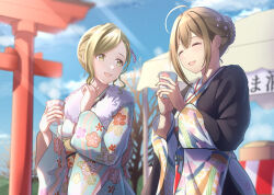 2girls absurdres ahoge aqua_kimono architecture black_haori blue_sky blush braid braided_bun brown_hair citrusmikan closed_eyes cloud commentary_request cowboy_shot cup day dot_nose drink east_asian_architecture fingernails floral_print floral_print_kimono flower fur-trimmed_kimono fur_trim green_eyes green_hair hair_bun hair_flower hair_ornament hands_up haori highres holding holding_cup holding_drink idolmaster idolmaster_shiny_colors japanese_clothes kimono kuwayama_chiyuki light_blush light_rays long_sleeves looking_at_another looking_to_the_side multiple_girls nanakusa_hazuki obi official_alternate_costume official_alternate_hairstyle open_mouth outdoors pink_flower print_kimono sash shrine sky smile standing steam tongue torii tree yellow_sash