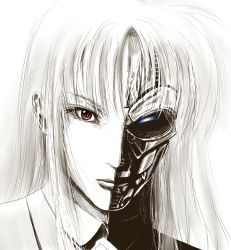 1girl bad_id bad_pixiv_id blue_eyes cyborg fate_testarossa female_focus heterochromia highres kohinore long_hair lyrical_nanoha mahou_shoujo_lyrical_nanoha mahou_shoujo_lyrical_nanoha_strikers mechabare parody red_eyes sketch solo t-x terminator_(series) terminator_3:_rise_of_the_machines the_terminator