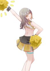 1girl absurdres arm_up black_wrist_cuffs blush cheerleader crop_top feet_out_of_frame from_behind grey_hair highres holding holding_pom_poms honkai:_star_rail honkai_(series) long_hair looking_back memeiradesuyo miniskirt open_mouth pom_pom_(cheerleading) pom_poms simple_background skirt solo standing stelle_(honkai:_star_rail) trailblazer_(honkai:_star_rail) white_background wrist_cuffs yellow_eyes yellow_skirt