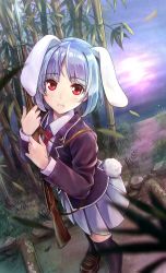 1girl animal_ears bamboo bayonet black_thighhighs blazer blue_hair blush extra_ears female_focus floppy_ears gun jacket koyuki_(kotatsu358) long_sleeves looking_at_viewer necktie pleated_skirt rabbit_ears rabbit_tail red_eyes reisen rifle school_uniform short_hair skirt solo tail thighhighs touhou weapon