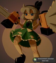 1girl blush bow chainsaw hair_bow highres holding holding_chainsaw konpaku_youmu konpaku_youmu_(ghost) looking_at_viewer ribbon rossi01 short_hair short_sleeves simple_background skirt solo touhou weapon