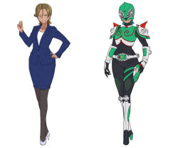2girls armor belt black_bodysuit black_pantyhose blue_jacket blue_skirt bodysuit boots brown_hair commentary dual_persona earrings eidenjyou1997 fingernails formal_clothes full_body genderswap genderswap_(mtf) green_arm green_eyes green_hair green_helmet hand_on_own_hip helmet high_heel_boots high_heels jacket jewelry kamen_rider kamen_rider_ryuki_(series) kamen_rider_verde knee_boots looking_at_viewer medium_hair multiple_girls nail_polish necklace pantyhose pencil_skirt purple_shoes red_nails rider-tan rider_belt shirt shoes shoulder_spikes simple_background skirt skirt_suit smirk spikes standing suit suit_jacket takamizawa_itsurou teeth v_buckle white_background white_shirt