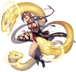1girl artist_request asymmetrical_legwear boots bra bracelet braid breasts brown_hair clenched_hand earrings from_side full_body game_cg jewelry long_sleeves official_art purple_eyes red_bra rosana_(unitia) sideboob skirt snake solo source_request third-party_source transparent_background underwear unitia