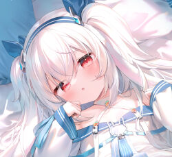 1girl :o azur_lane blue_hairband blue_ribbon chen_bin chinese_commentary close-up commentary_request crossed_bangs dress eyes_visible_through_hair hair_between_eyes hair_ornament hair_ribbon hairband headgear highres laffey_(azur_lane) laffey_ii_(azur_lane) long_hair long_sleeves looking_at_viewer off-shoulder_dress off_shoulder open_mouth rabbit_hair_ornament red_eyes ribbon sleeve_ribbon solo twintails white_dress white_hair wide_sleeves
