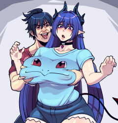 1boy 1girl black_choker black_hair blue_hair blue_shirt borrowed_character breasts brown_eyes butter_sugoi choker commentary covered_erect_nipples creatures_(company) curvy demon_girl demon_horns demon_tail english_commentary game_freak gen_1_pokemon grabbing_another&#039;s_breast grabbing_from_behind groping hetero highres horns huge_breasts lips long_hair mole mole_under_eye nintendo open_mouth original pointy_ears pokemon purple_eyes raised_eyebrow shirt shirt_tucked_in short_shorts shorts squirtle tail thick_thighs thighs tongue tongue_out very_long_hair