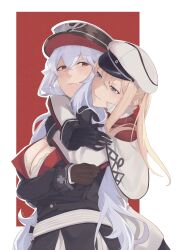 2girls absurdres arms_around_neck azur_lane black_gloves blonde_hair blue_eyes breasts cleavage couple cross frown glazedlilies gloves graf_zeppelin_(azur_lane) graf_zeppelin_(kancolle) hair_between_eyes hat highres hug hug_from_behind iron_cross kantai_collection large_breasts long_hair military_hat military_uniform multiple_girls peaked_cap red_eyes sidelocks smile white_hair yuri
