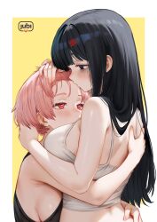 2girls black_hair breasts hug huge_breasts multiple_girls pink_hair regiana_(jubi) tagme yuri