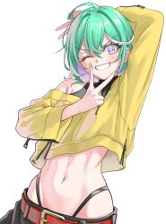 1girl arm_behind_head arm_up bare_shoulders belt crop_top crop_top_overhang green_hair grin highleg long_sleeves looking_at_viewer midriff multicolored_hair navel off_shoulder one_eye_closed panty_straps purple_eyes shirt short_hair shuturmouth_64 simple_background smile solo stellive stomach streaked_hair upper_body v v-shaped_eyebrows virtual_youtuber white_background yellow_shirt yuzuha_riko