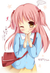 1girl ;q bag blush brown_eyes child female_focus fingers_together fujieda_uzuki hair_bobbles hair_ornament handbag heart kindergarten_bag kindergarten_uniform looking_at_viewer mikane_sebiri one_eye_closed original pink_hair skirt smile solo star_(symbol) symbol-shaped_pupils tongue tongue_out twintails two_side_up white_background wink yen