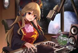 1girl black_dress black_hat black_sky blonde_hair breasts chinese_clothes commentary_request commission crescent crescent_print dalachi_(headdress) dress flower hair_between_eyes hand_up hat headphones indoors junko_(touhou) large_breasts long_hair long_sleeves looking_at_object looking_down mandarin_collar microphone midori_(misuriru8) mixing_console moon music_stand on_chair open_mouth phoenix_print pink_flower pom_pom_(clothes) red_eyes red_tabard single_sidelock sitting skeb_commission sky smile solo space speaker star_(sky) starry_sky tabard tassel touhou v-shaped_eyebrows wide_sleeves wooden_wall