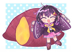 1girl :d ^_^ afterimage black_hair blue_background blush boots border braid brown_boots chibi chibi_only closed_eyes commentary_request facing_viewer flailing food food-themed_hair_ornament frilled_skirt frills full_body hair_ornament iriam jacket lace-up_boots long_sleeves medium_hair multicolored_hair neckerchief open_clothes open_jacket open_mouth otokana_sora outline outside_border outstretched_arms oversized_food oversized_object pink_hair pink_sailor_collar pink_skirt plaid_clothes plaid_skirt pleated_skirt polka_dot polka_dot_background purple_jacket richard_(richaball) roasted_sweet_potato sailor_collar sample_watermark school_uniform serafuku skirt smile solo spread_arms standing streaked_hair sweet_potato twin_braids two-tone_hair virtual_youtuber watermark watermark_grid white_border white_outline wide_sleeves yellow_neckerchief