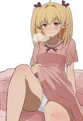 1girl ahoge blonde_hair blush breasts closed_mouth clothes_lift commentary crotch_seam dress dress_lift elf eyebrows_hidden_by_hair hair_intakes heavy_breathing highres hotori_(sharo_pan) isshun_de_chiryou_shiteita_noni_yakutatazu_to_tsuihou_sareta_tensai_chiyushi_yami_healer_toshite_tanoshiku_ikiru lily_(yami_healer) looking_at_viewer medium_breasts medium_hair on_bed panties pantyshot pink_dress pointy_ears simple_background sitting smile solo sweat underwear white_background white_panties