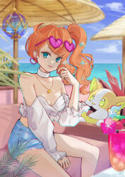 1girl absurdres cherubi comfey creatures_(company) demekin2333 dog fangs flower game_freak gen_4_pokemon gen_7_pokemon gen_8_pokemon green_eyes hair_ornament highres jewelry necklace nintendo orange_hair pokemon pokemon_swsh ponytail sitting smile solo sonia_(pokemon) sunglasses tongue tongue_out yamper