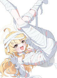 1girl :d ahoge ass bandaged_leg bandages blonde_hair blue_archive blush brown_eyes claw_pose commentary fang feet_out_of_frame flat_chest ginichu1003 hair_spread_out halloween_costume halo hands_up highres knees_together_feet_apart legs_up long_hair looking_at_viewer lying mummy_costume naked_bandage official_alternate_costume official_alternate_hairstyle on_back open_mouth pink_pupils simple_background skin_fang smile solo sweatdrop v-shaped_eyebrows very_long_hair white_background yellow_halo yoshimi_(blue_archive) yoshimi_(halloween)_(blue_archive)