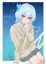 1girl alternate_costume blue_hair brown_sweater character_name chinese_commentary closed_mouth collared_shirt colored_eyelashes commentary_request grey_skirt light_blush long_hair looking_at_viewer purple_eyes purple_pupils shirt shorekeeper_(wuthering_waves) skirt smile solo sweater white_shirt wuthering_waves wuye_z