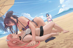 3girls absurdres armlet ass bare_shoulders beach beads bikini bikini_skirt black_bikini black_choker black_hair black_skirt blue_sky blush breasts choker cleavage cloud collarbone day eyepatch_bikini fate/grand_order fate_(series) gloves hair_bun highres jewelry large_breasts lipstick long_hair makeup medb_(fate) medb_(swimsuit_saber)_(fate) medb_(swimsuit_saber)_(second_ascension)_(fate) microskirt minamoto_no_raikou_(fate) minamoto_no_raikou_(fate/grand_order) minamoto_no_raikou_(swimsuit_lancer)_(fate) multicolored_bikini multiple_girls outdoors parted_bangs pink_hair purple_bikini purple_eyes purple_hair purple_lips quatthro sand side_ponytail sidelocks single_glove single_side_bun skirt sky smile stomach string_bikini sweat swimsuit taira_no_kagekiyo_(fate) taira_no_kagekiyo_(pinky_beach)_(fate) teeth thighs tiara two-tone_bikini ushiwakamaru_(fate) very_long_hair wet white_bikini yellow_eyes