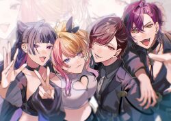 2boys 2girls :3 :d ahoge arm_on_another&#039;s_shoulder arm_up belt belt_buckle black_belt black_choker black_hair black_jacket black_nails black_ribbon black_shirt black_shrug blonde_hair blue_eyes blunt_bangs blush braid breasts buckle choker cleavage closed_mouth clothing_cutout collarbone commentary crop_top crossed_bangs doppio_dropscythe earrings eyebrow_piercing eyelashes face_piercing fangs fingernails gradient_hair grey_hair grey_shirt hair_between_eyes hair_intakes hair_ribbon hand_up heart_cutout high_ponytail highres jacket jewelry kaburagi_(pnoir087) kotoka_torahime lapels large_breasts long_fingernails long_hair long_sleeves looking_at_viewer lower_teeth_only meloco_kyoran midriff multicolored_hair multiple_boys multiple_girls nail_polish navel necktie nijisanji nijisanji_en off_shoulder open_clothes open_jacket open_mouth parted_bangs piercing pink_hair ponytail purple_eyes purple_hair purple_nails red_eyes red_hair ribbon shirt short_hair shrug_(clothing) sleeveless sleeveless_shirt smile stomach streaked_hair symbol-only_commentary teeth upper_teeth_only v v-shaped_eyebrows ver_vermillion very_long_hair virtual_youtuber white_background white_necktie white_shirt wing_collar xsoleil yellow_eyes zoom_layer