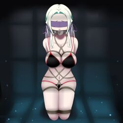 1girl bare_shoulders bdsm black_background black_panties blindfold blush bondage bound breasts brown_rope cleavage collarbone covered_mouth dankestofdans edelgard_von_hresvelg female_focus fire_emblem fire_emblem:_three_houses gag gagged green_background hair_ornament hair_ribbon highres improvised_gag intelligent_systems kneeling large_breasts long_hair navel nintendo panties purple_ribbon red_trim ribbon rope shiny_clothes shiny_skin sideboob solo tape tape_gag tape_on_mouth thick_thighs thighs underwear underwear_only white_hair