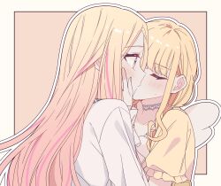 Rule 34 | 2girls, blonde hair, blush, border, braid, choker, closed eyes, fujita kotone, gakuen idolmaster, highres, idolmaster, jacket, juo sena, kiss, kousaka 0v0, long hair, multiple girls, orange background, outline, pink streaks, purple eyes, shirt, short sleeves, sweatdrop, twin braids, upper body, white choker, white jacket, white outline, yellow border, yellow shirt, yuri