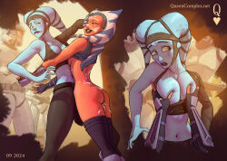 2girls aayla_secura ahsoka_tano alien artist_name ass black_pants black_sports_bra black_thighhighs blue_eyes clone_trooper colored_skin cum cum_in_ass multiple_girls orange_skin pants queen_complex sports_bra star_wars thighhighs togruta twi&#039;lek watermark web_address