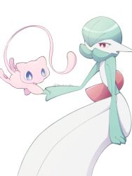 blue_eyes bob_cut colored_skin dress gardevoir gen_1_pokemon gen_3_pokemon green_hair green_skin hair_over_one_eye legendary_pokemon mew_(pokemon) multicolored_skin mythical_pokemon narumiya_pkmn nintendo pink_eyes pink_fur pokemon pokemon_(creature) signature simple_background tail two-tone_skin white_background white_dress white_skin