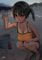 Rule 34 | 1girl, beach, breasts, camisole, cleavage, closed mouth, collarbone, commentary request, dated, evening, fingernails, gaki kyonyuu, grey shorts, hair between eyes, highres, holding, holding fireworks, kaedeko (kaedelic), large breasts, ocean, one-piece tan, oppai loli, orange camisole, outdoors, red eyes, sasaki kanna, shorts, signature, solo, squatting, tan, tanline, twintails