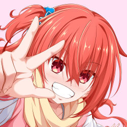 1girl :d absurdres blue_scrunchie blush close-up commentary eyes_visible_through_hair grin hair_between_eyes hair_ornament hair_scrunchie hand_up happy highres inaba_meguru jacket letterman_jacket long_hair long_sleeves looking_at_viewer one_side_up open_mouth orange_hair pink_background pink_jacket red_eyes sanoba_witch scarf scrunchie simple_background smile solo suzukihiko7610 w white_sleeves yellow_scarf