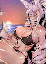 Rule 34 | 1girl, ahoge, alternate costume, animal ears, bare shoulders, beach, beach chair, bikini, biwa hayahide (umamusume), black bikini, black choker, black scrunchie, book, bracelet, breasts, choker, closed mouth, collarbone, criss-cross halter, gold bracelet, grey hair, halterneck, highres, holding, holding book, horse ears, horse girl, horse tail, jacket, jacket partially removed, jewelry, large breasts, long hair, minew, muscular, muscular female, navel, open book, over-rim eyewear, ponytail, scrunchie, semi-rimless eyewear, sidelocks, sitting, smile, solo, stomach, sunset, swimsuit, tail, umamusume, very long hair, yellow-framed eyewear, yellow eyes