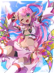 1girl absurdres black_bow black_shorts blue_sky boots border bow breasts bubble character_request cloud cowboy_shot cropped_jacket floral_print flower green_eyes highres jacket kozakura_(dictionary) long_hair looking_at_viewer one_eye_closed open_mouth outdoors pink_flower pink_hair pink_skirt pointy_ears puzzle_&amp;_dragons shading_eyes shorts shorts_under_skirt skirt sky small_breasts smile solo stomach thigh_boots twintails very_long_hair white_boots white_jacket
