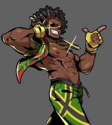 1boy abs absurdres arms_up black_hair chain dark-skinned_male dark_skin dee_jay dreadlocks fingerless_gloves floral_print gloves gold_chain green_pants grey_background grin groin headphones highres jamaican_flag_print jewelry male_focus muscular muscular_male necklace nipples open_clothes open_shirt pants pectorals pointing sach56000 shirt short_sleeves simple_background smile solo sparkle street_fighter street_fighter_6 sunglasses teeth yellow_gloves