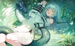 1girl bandaged_leg bandages bare_legs bare_shoulders black_choker bound bound_arms bug chain choker commentary_request covered_navel crown epic_seven fenne_(epic_seven) highres in_water insect korean_commentary ladybug light_blush long_hair looking_at_viewer lying on_back open_mouth plant popoka0930 red_eyes sidelocks snake solo water white_hair yellow_eyes