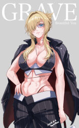 1girl abs absurdres bag bikini black_bikini black_jacket black_pants blonde_hair blue_eyes breasts character_name cleavage closed_mouth collar collarbone commentary cowboy_shot dated formal_clothes glasses goddess_of_victory:_nikke grave_(beautiful_you)_(nikke) grave_(nikke) groin hair_between_eyes hand_on_own_hip highleg highleg_bikini highres holding holding_bag jacket jacket_on_shoulders large_breasts long_hair looking_at_viewer lowleg metal_collar multiple_scars navel necklace_between_breasts official_alternate_costume pants pinstripe_jacket pinstripe_pants pinstripe_pattern pinstripe_suit ponytail scar scar_on_stomach short_ponytail sidelocks signature solo standing stomach suit super_bee swimsuit