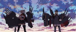 Rule 34 | 2girls, bismarck (kancolle), black thighhighs, blonde hair, breasts, budget sarashi, chest sarashi, closed mouth, cloud, commentary request, detached sleeves, dress, evening, glasses, gloves, grey thighhighs, hat, holding, kantai collection, large breasts, long hair, miniskirt, multiple girls, musashi (kancolle), outdoors, pleated skirt, rigging, sarashi, skirt, sky, thighhighs, white hair, yue (tada no saboten)