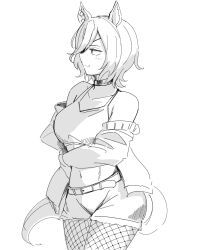 Rule 34 | 1girl, animal ears, bare shoulders, belt, breasts, choker, closed mouth, collarbone, commentary request, cowboy shot, ear ornament, eyepatch, fishnet pantyhose, fishnets, hair between eyes, highres, horse ears, horse girl, horse tail, jacket, jacket partially removed, long sleeves, looking to the side, medium breasts, midriff, miya nns35, multicolored hair, navel, official alternate costume, pantyhose, short hair, shorts, simple background, smile, solo, streaked hair, tail, tanino gimlet (umamusume), tank top, umamusume, white background