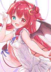 1girl absurdres ahoge bat_hair_ornament blush breasts brown_wings cleavage crescent crescent_hair_ornament demon demon_girl demon_horns demon_tail demon_wings fang hair_ornament heterochromia highres horns long_hair matcha_november nijisanji red_hair skin_fang tail two_side_up very_long_hair virtual_youtuber wings yuzuki_roa