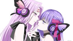 2girls 5ca_typeb artist_name black_bow black_choker bow bug butterfly butterfly_wings cherry_blossom_print choker curtained_hair expressionless eye_contact face-to-face facial_mark fate/stay_night fate_(series) fingernails floral_print forehead_mark from_side hair_ribbon headphones height_difference highres holding_hands insect insect_wings interlocked_fingers long_eyelashes long_hair looking_at_another magnet_(vocaloid) matou_sakura medusa_(fate) medusa_(rider)_(fate) multiple_girls nail_polish parted_lips pink_butterfly pink_nails pink_ribbon portrait profile purple_butterfly purple_eyes purple_hair ribbon simple_background twitter_username white_background wings yuri